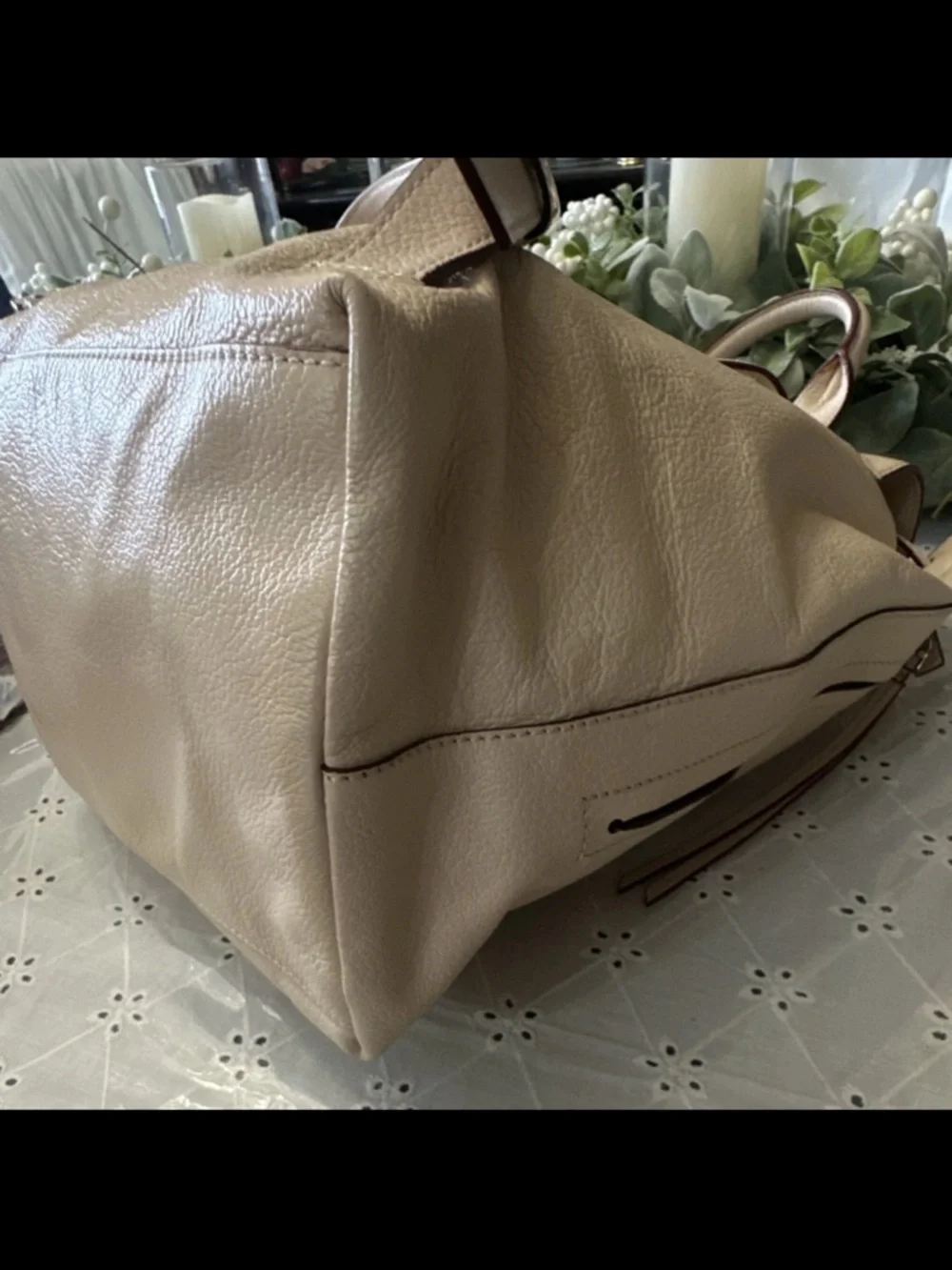 Tory Burch Beige Cream Leather Drawstring Backpack with Gold Logo - Picture 5 of 11